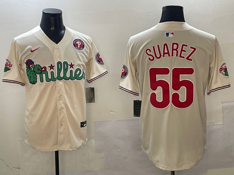 Men Philadelphia Phillies #55 Suarez Cream Three generations Joint Name Game 2025 Nike MLB Jersey style 5->philadelphia phillies->MLB Jersey